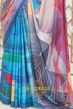 Blue Multi Color Kalamkari Printed Pure Silk Crepe Saree