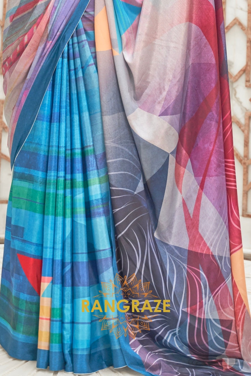 Blue Multi Color Kalamkari Printed Pure Silk Crepe Saree