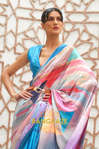Blue Multi Color Kalamkari Printed Pure Silk Crepe Saree