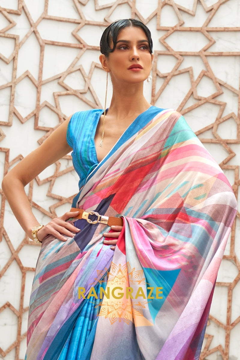 Blue Multi Color Kalamkari Printed Pure Silk Crepe Saree