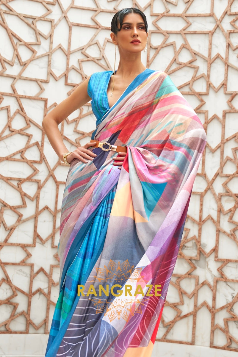 Blue Multi Color Kalamkari Printed Pure Silk Crepe Saree