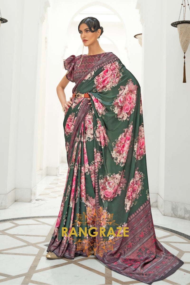 Green Multi Color Kalamkari Printed Pure Silk Crepe Saree