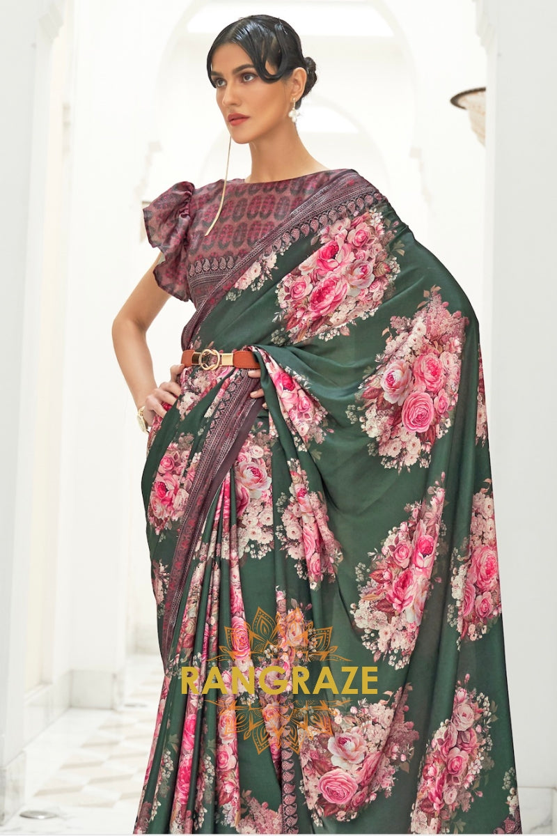 Green Multi Color Kalamkari Printed Pure Silk Crepe Saree