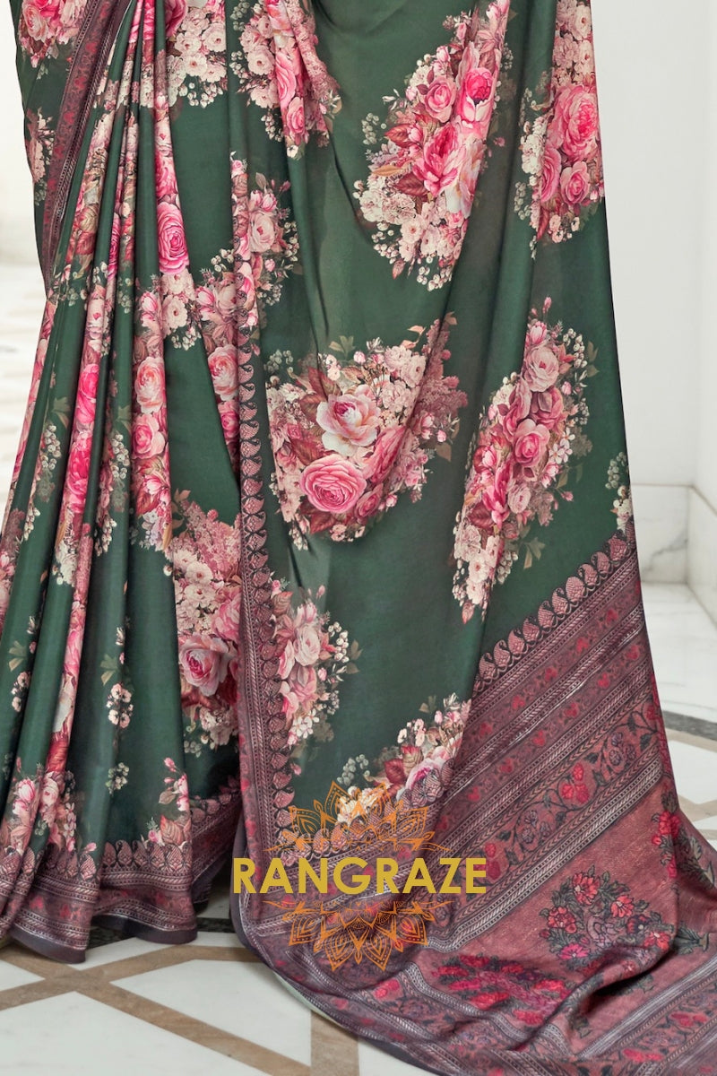 Green Multi Color Kalamkari Printed Pure Silk Crepe Saree