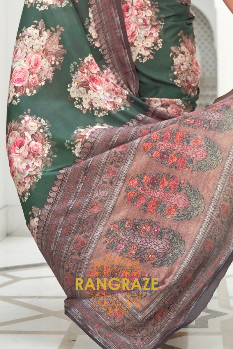 Green Multi Color Kalamkari Printed Pure Silk Crepe Saree