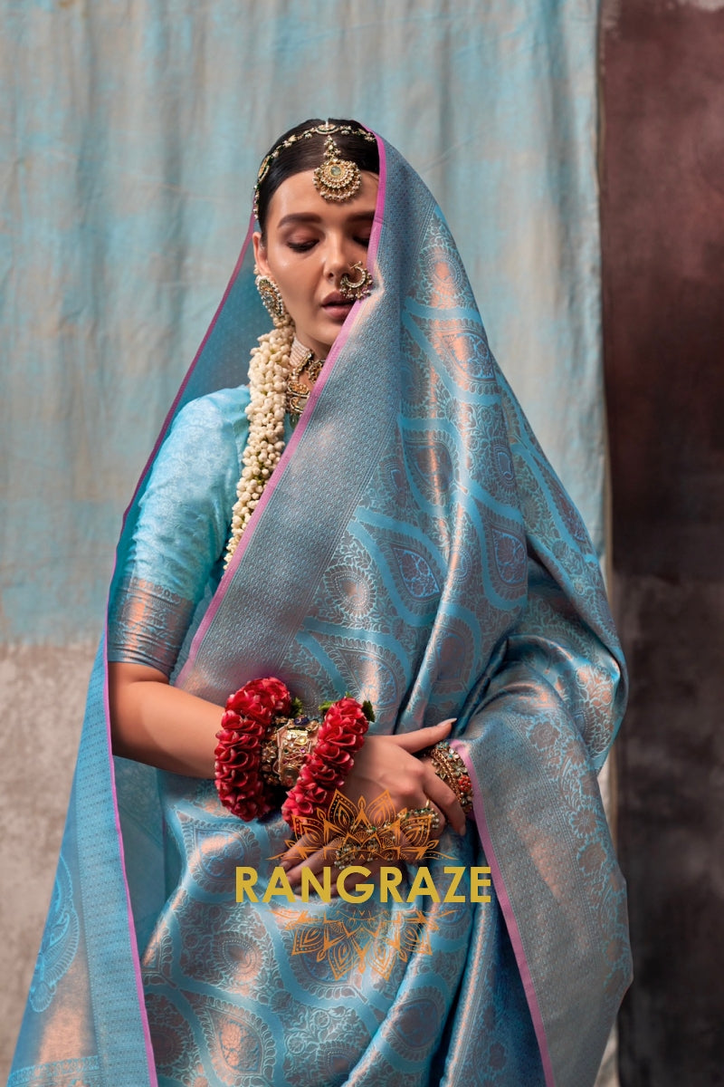 Ice Blue Zari Kanjivaram Silk Saree