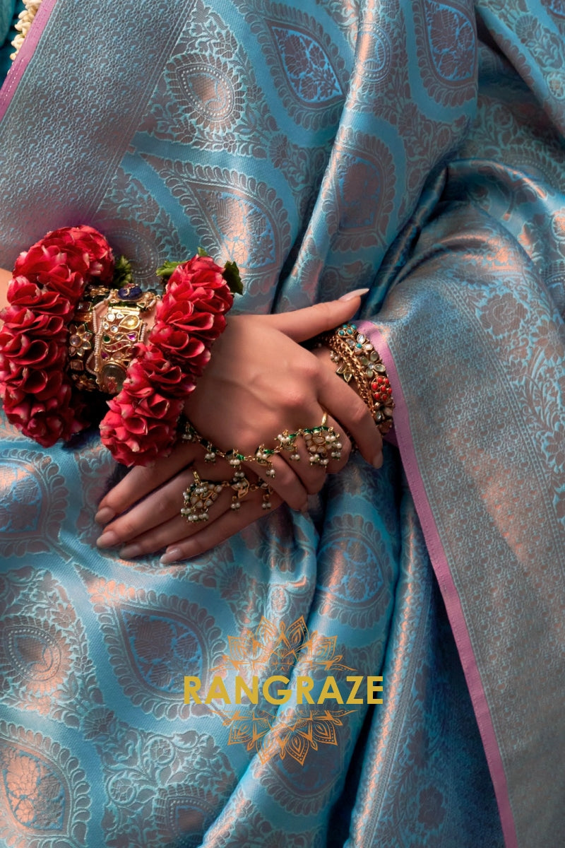 Ice Blue Zari Kanjivaram Silk Saree