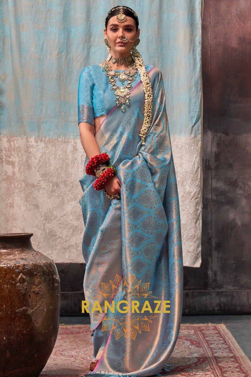 Ice Blue Zari Kanjivaram Silk Saree