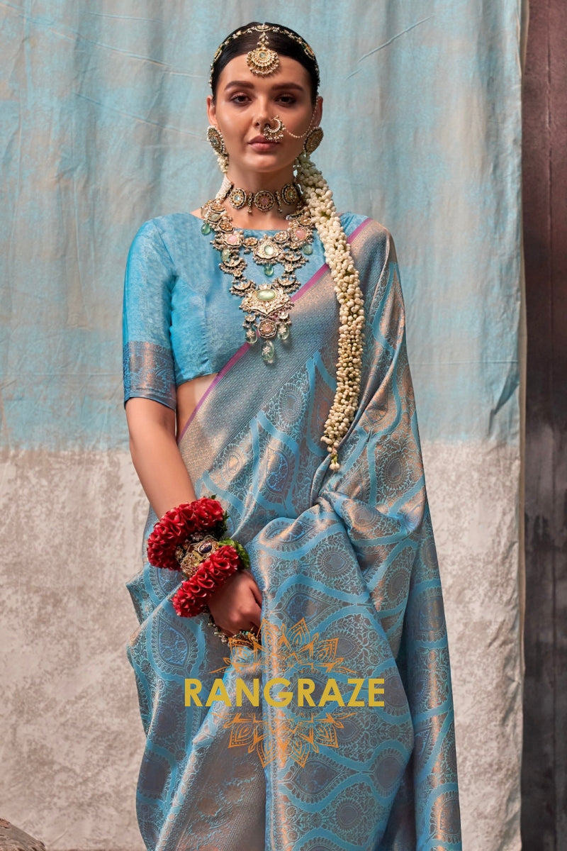 Ice Blue Zari Kanjivaram Silk Saree