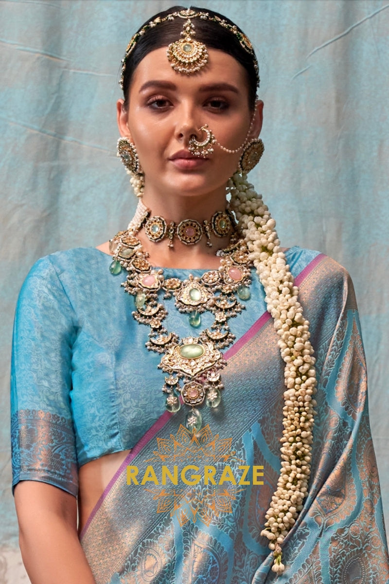 Ice Blue Zari Kanjivaram Silk Saree