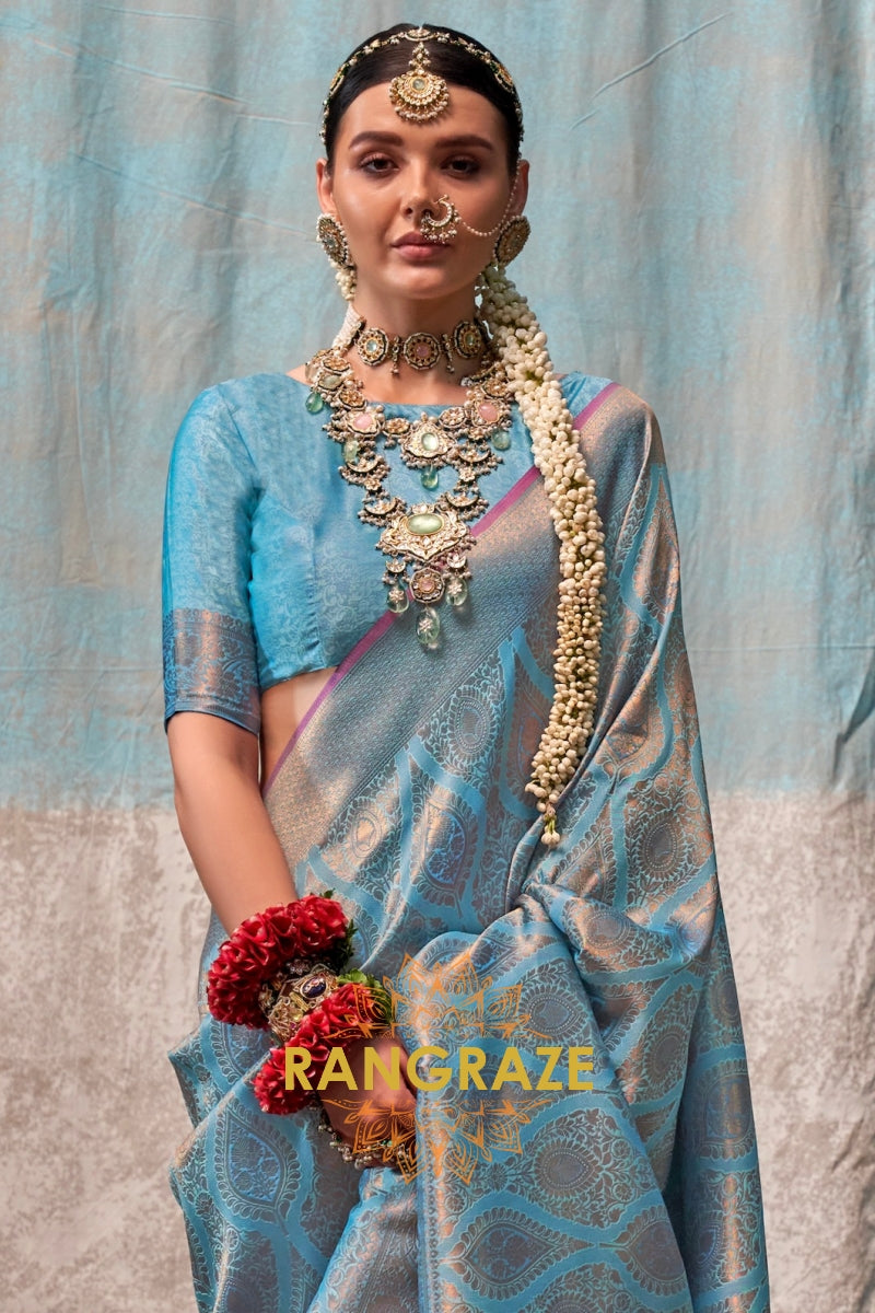 Ice Blue Zari Kanjivaram Silk Saree