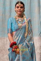 Ice Blue Zari Kanjivaram Silk Saree
