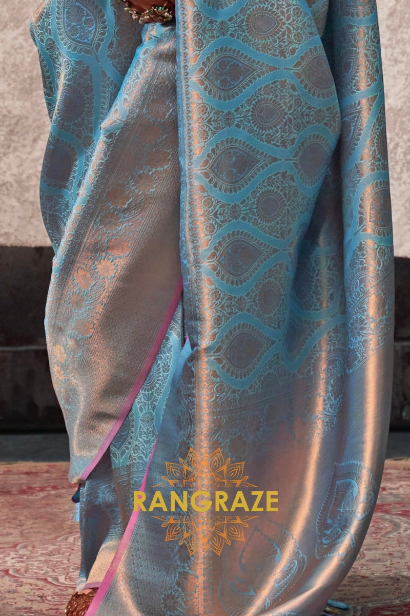 Ice Blue Zari Kanjivaram Silk Saree