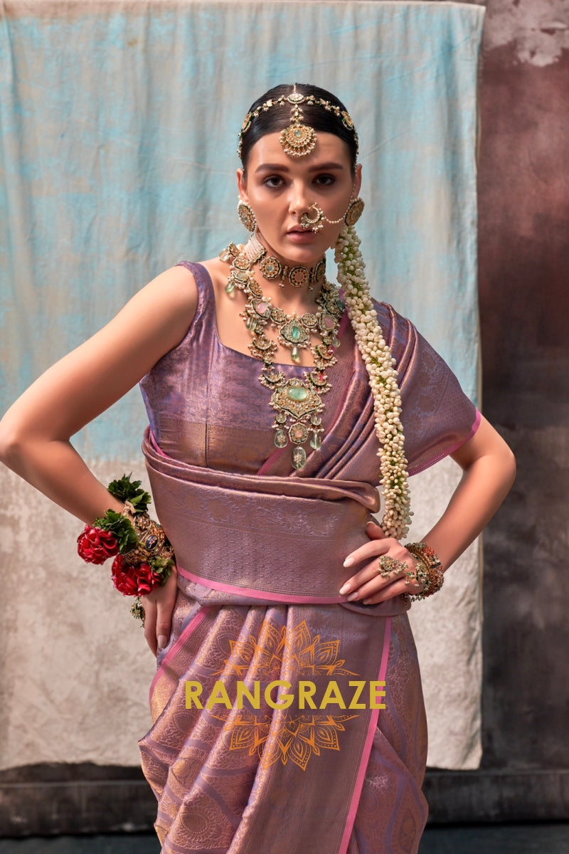 Lilac Gold Zari Kanjivaram Silk Saree