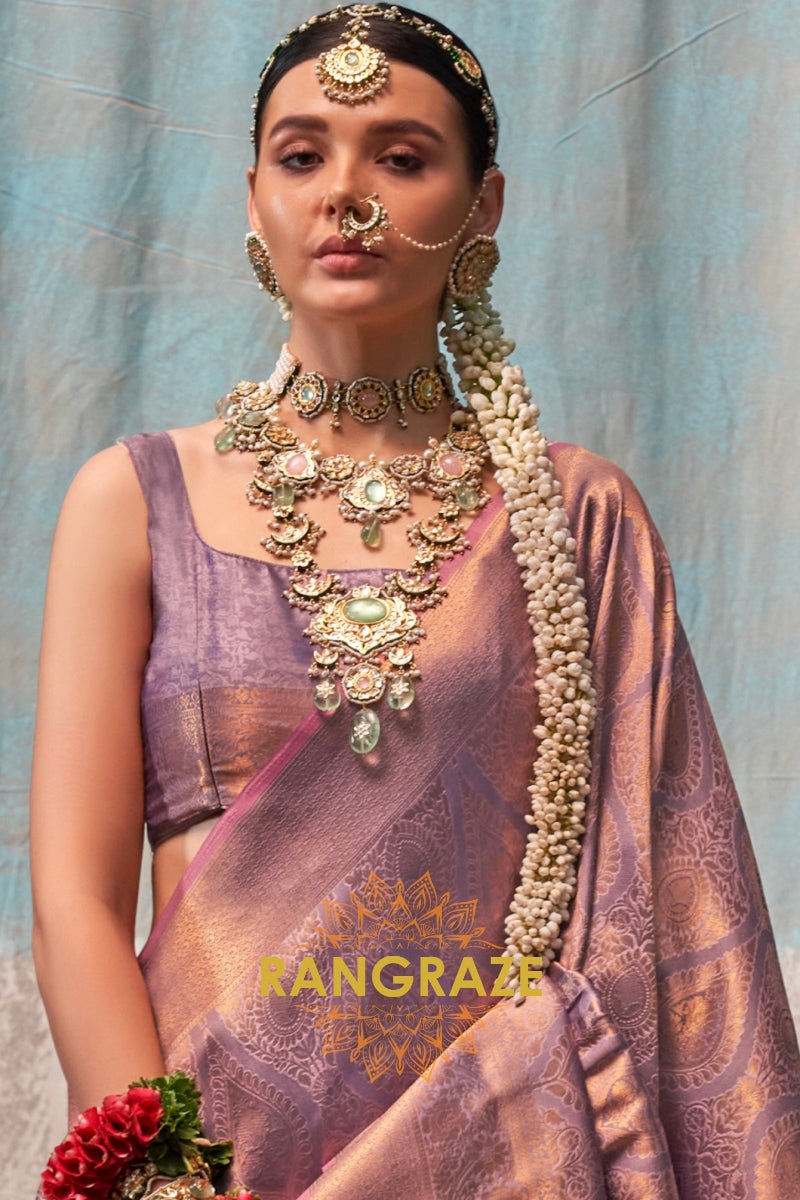 Lilac Gold Zari Kanjivaram Silk Saree