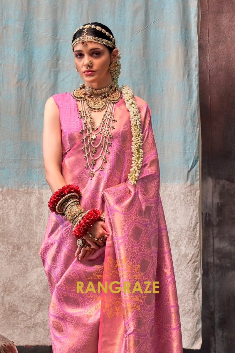 Gulabi Zari Kanjivaram Silk Saree