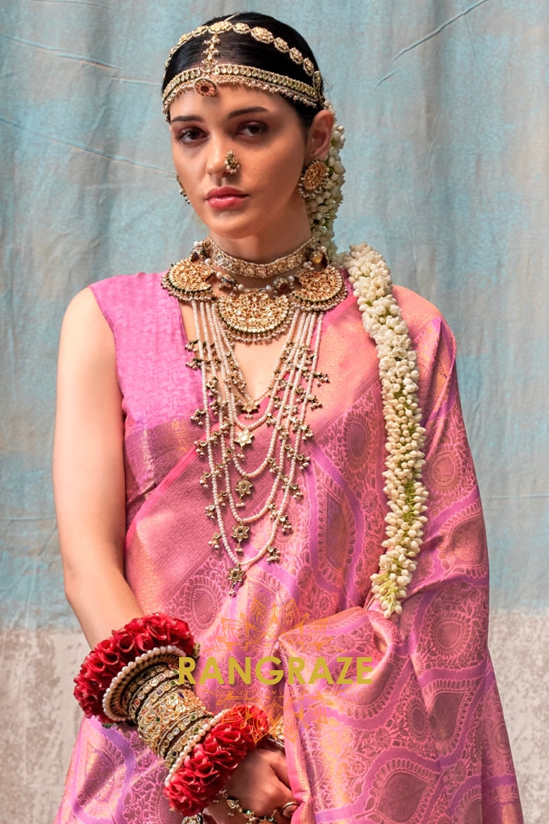 Gulabi Zari Kanjivaram Silk Saree