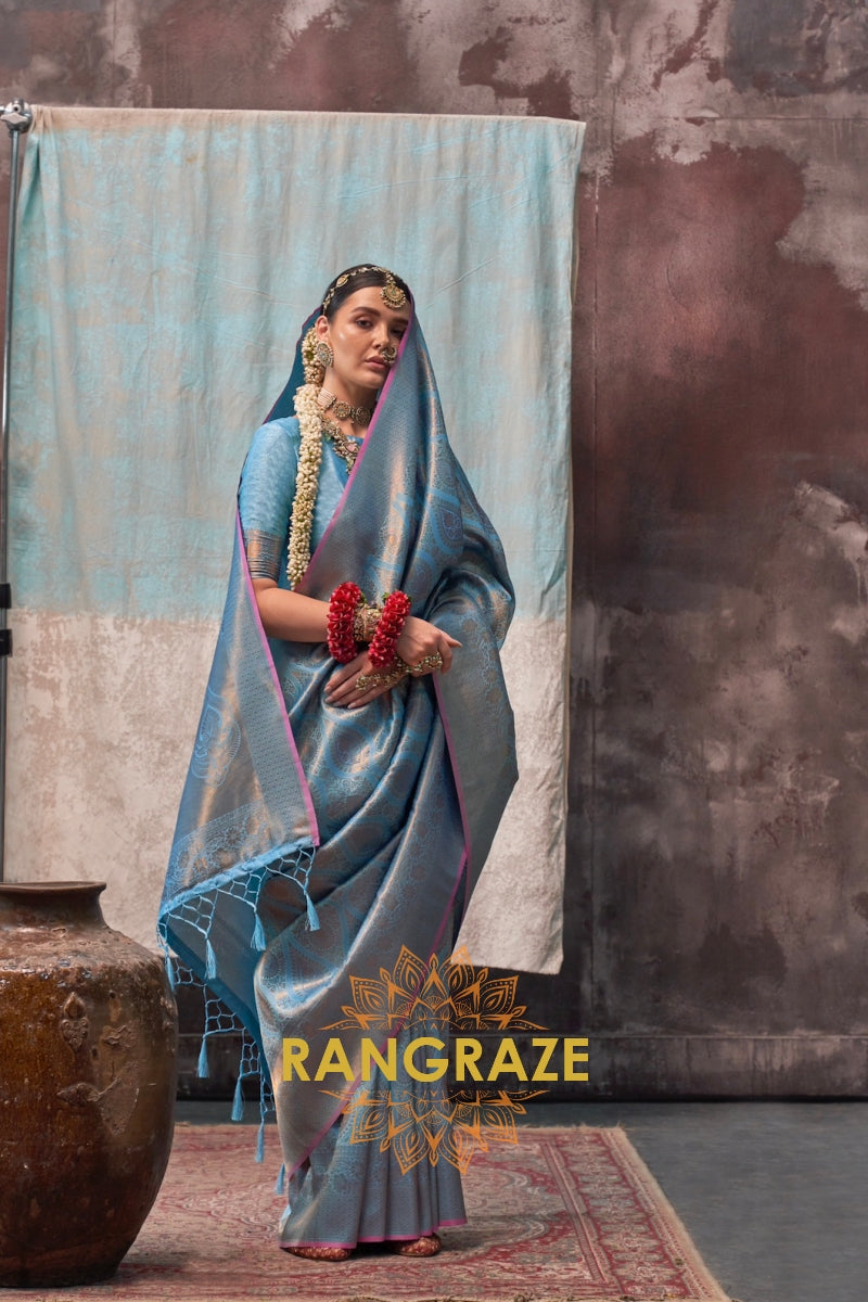 Ice Blue Zari Kanjivaram Silk Saree