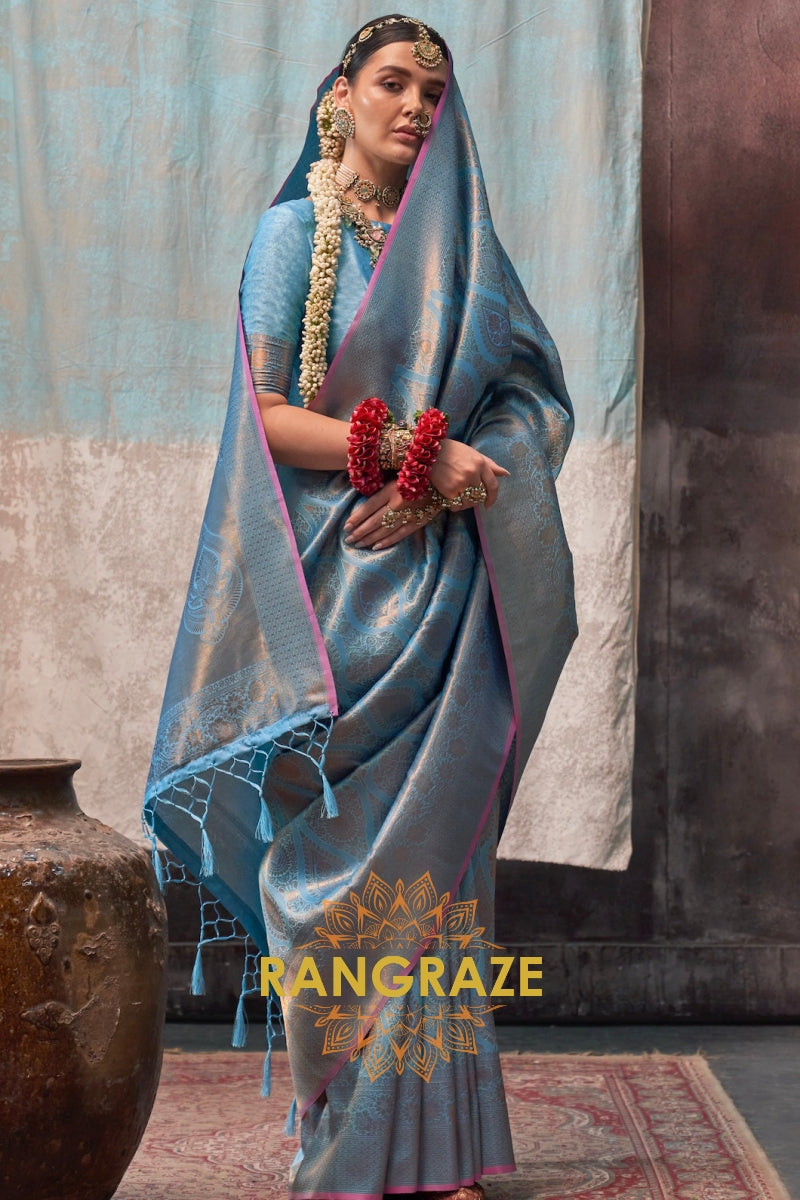 Ice Blue Zari Kanjivaram Silk Saree