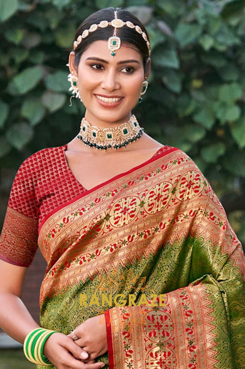 Olive Green Heavy Golden Zari Work Kanjivaram Silk Saree