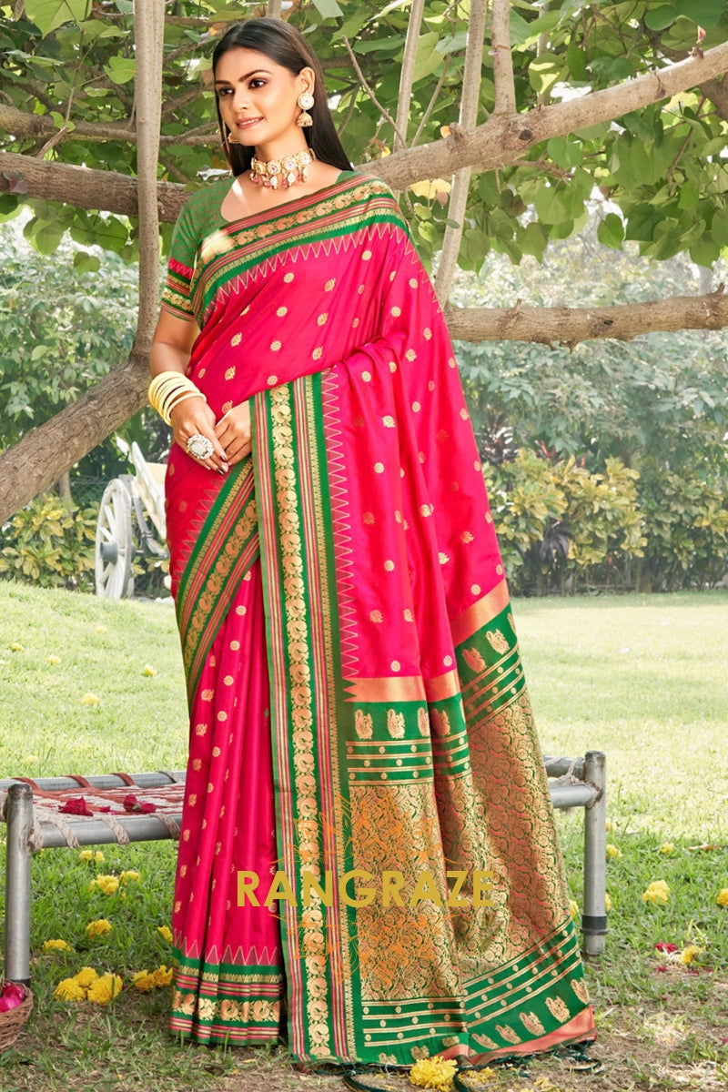 Magenta Pink Heavy Golden Zari Paithani Silk Saree