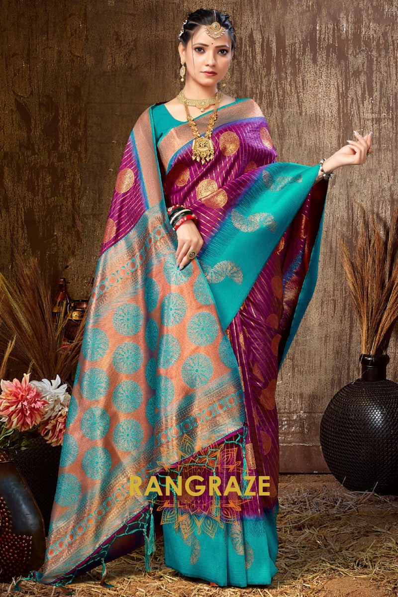 Purple Blue Multi Shade Banarasi Silk Saree