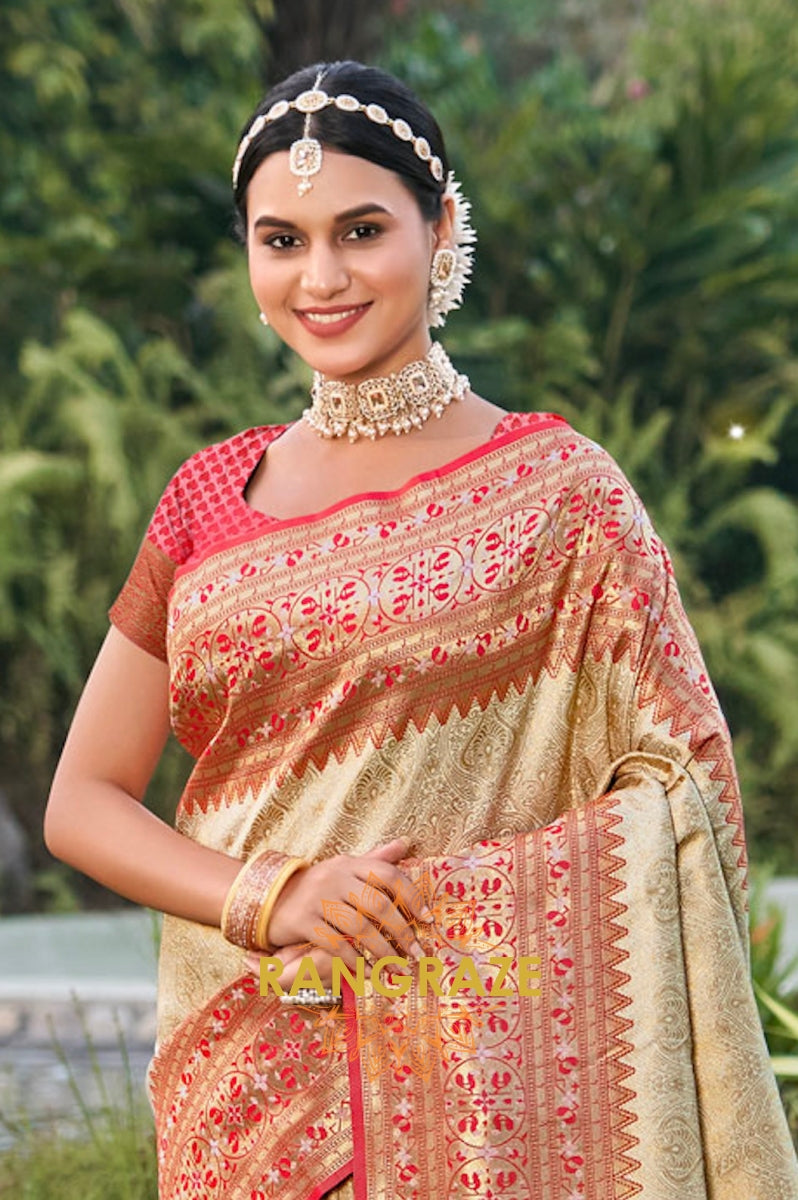 Beige Red Heavy Golden Zari Work Kanjivaram Silk Saree