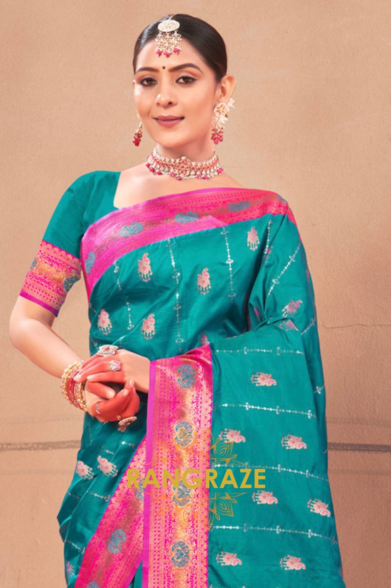 Turquoise Blue Fine Zari Work Royal Banarasi Silk Saree