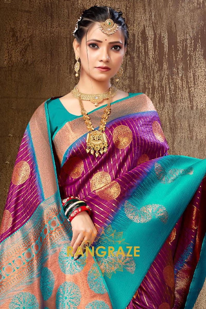 Purple Blue Multi Shade Banarasi Silk Saree