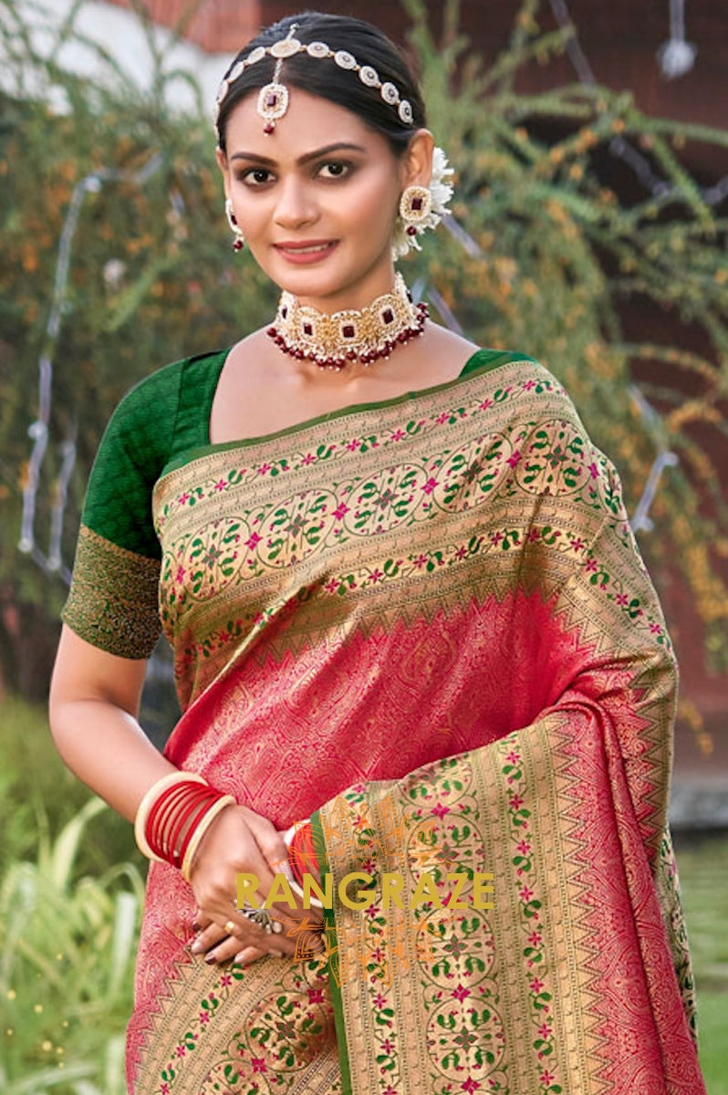 Pink Green Heavy Golden Zari Work Kanjivaram Silk Saree