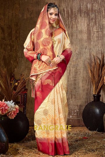 Beige Red Multi Shade Banarasi Silk Saree