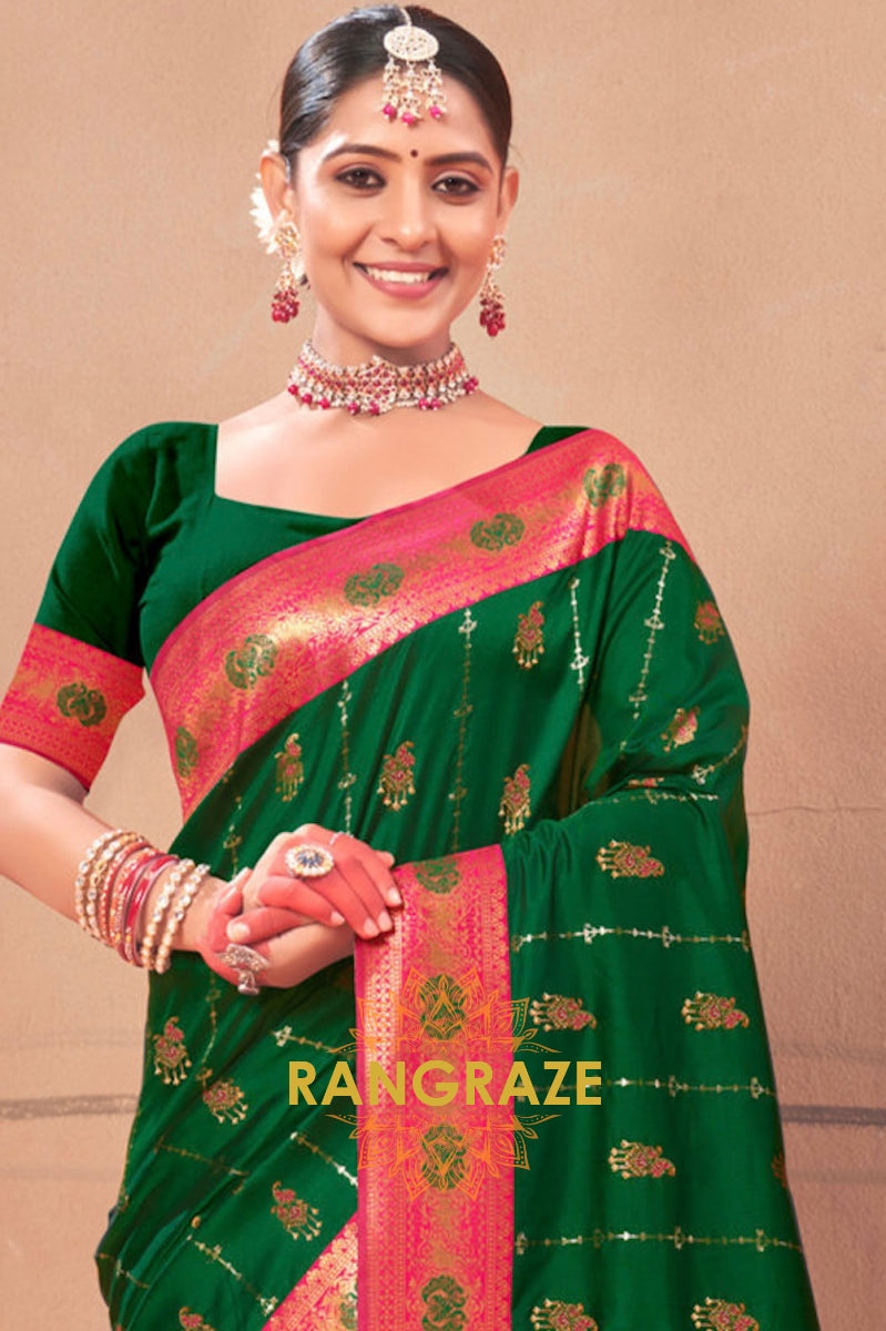 Dark Green Fine Zari Work Royal Banarasi Silk Saree