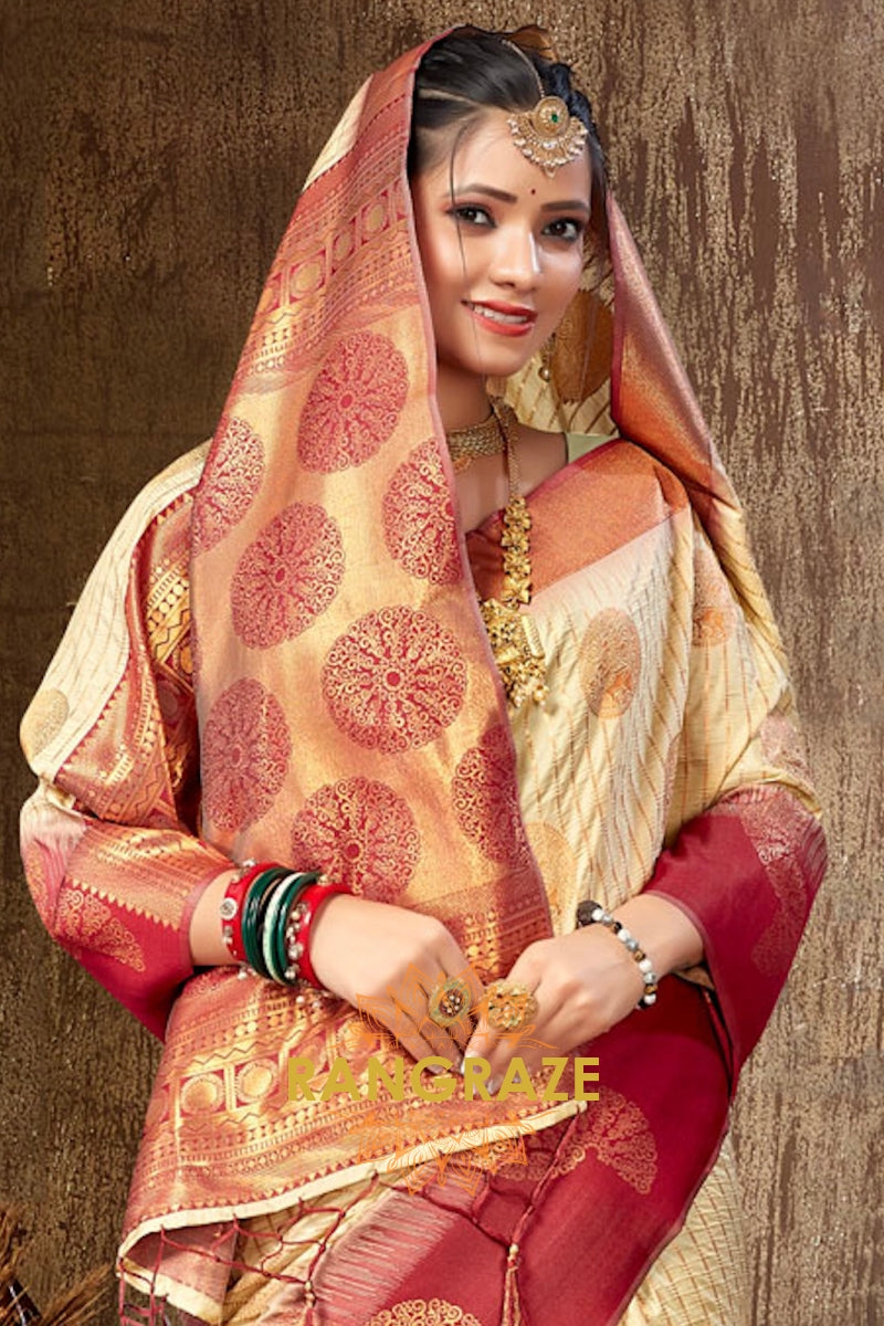 Beige Red Multi Shade Banarasi Silk Saree