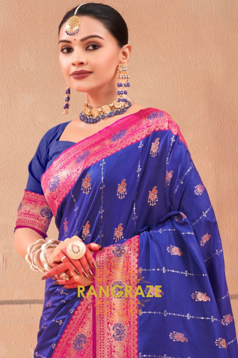 Blue Magenta Fine Zari Work Royal Banarasi Silk Saree