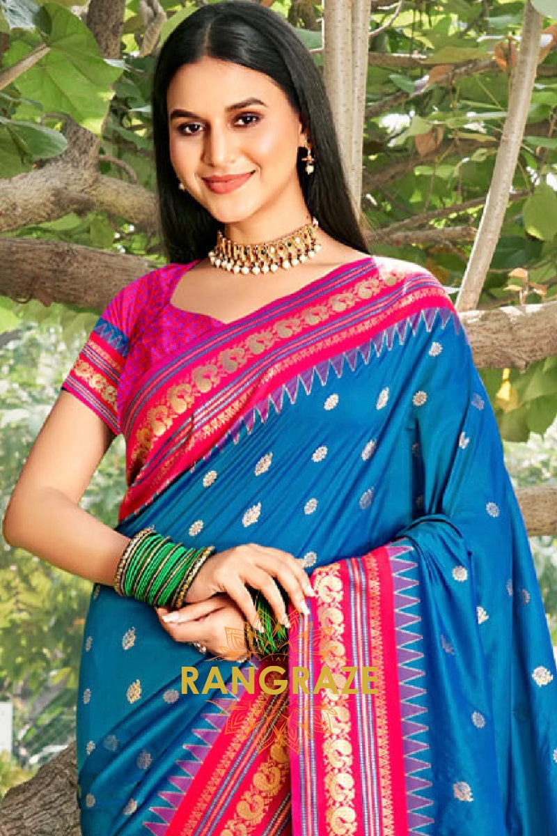 Blue Heavy Golden Zari Paithani Silk Saree