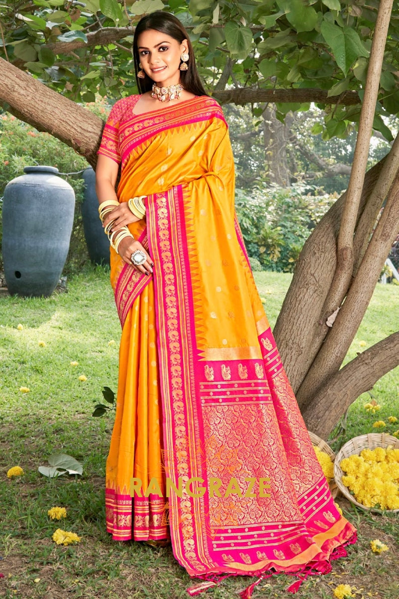 Yellow Heavy Golden Zari Paithani Silk Saree