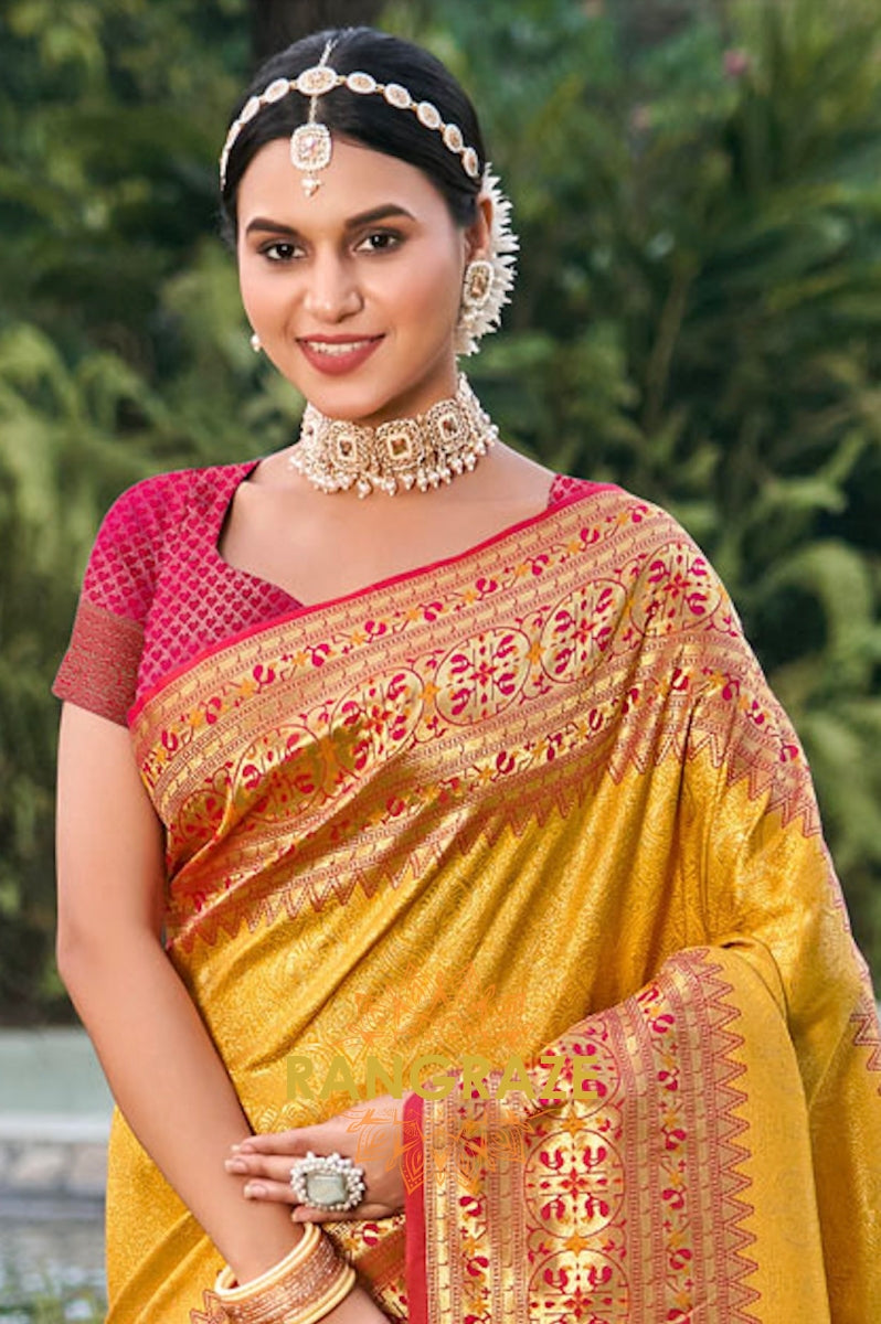 Yellow Magenta Heavy Golden Zari Work Kanjivaram Silk Saree