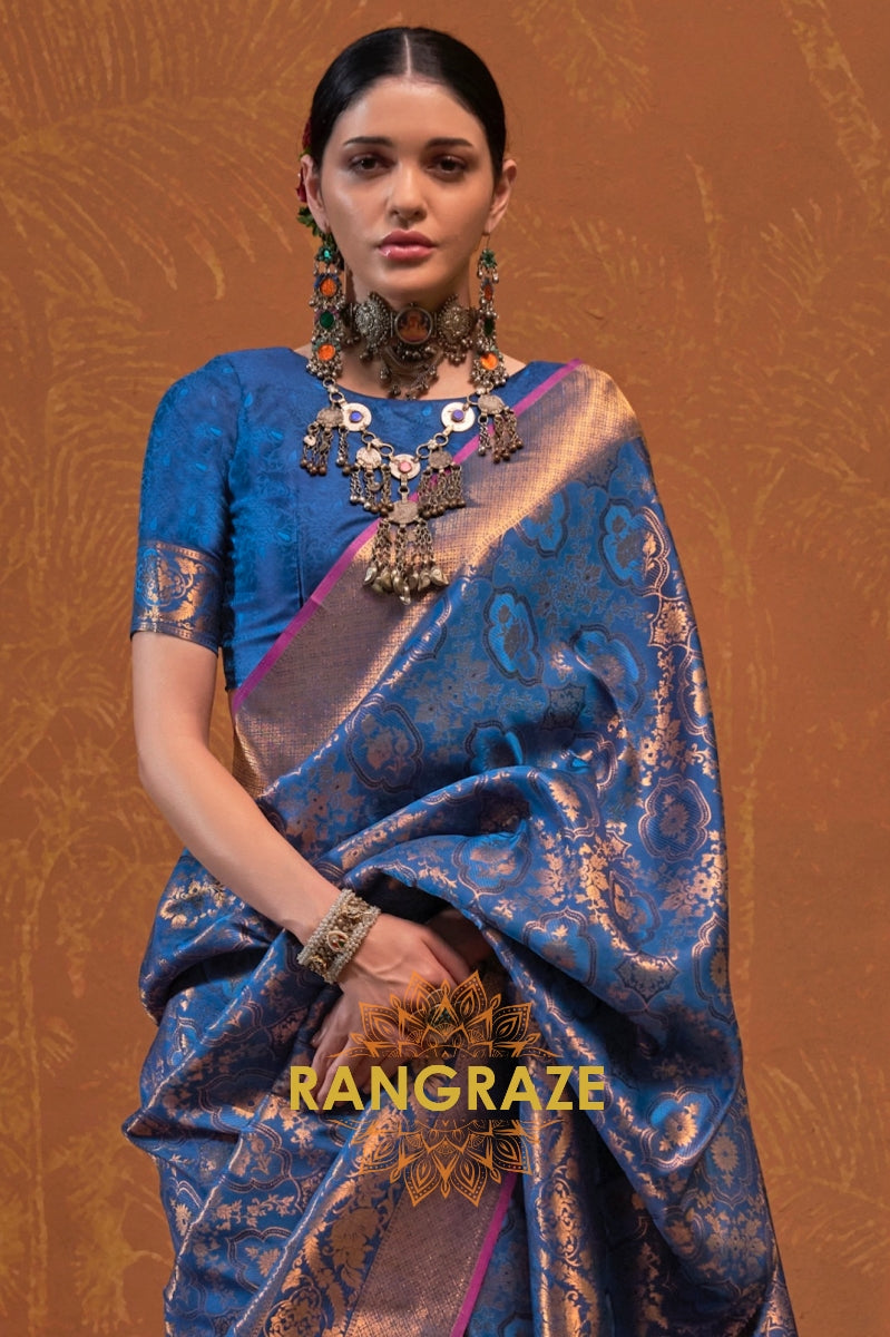 Admiral Blue Woven Kanjivaram Silk Saree