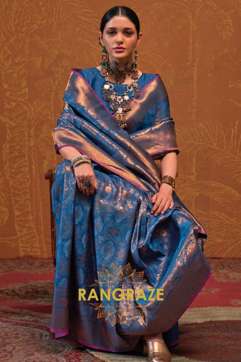 Admiral Blue Woven Kanjivaram Silk Saree