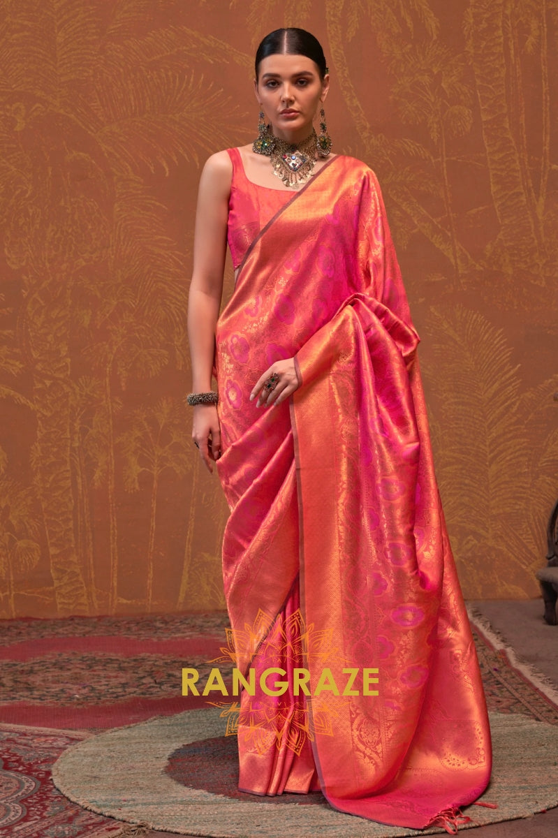 Blush Pink and Coral Woven Kanjivaram Silk Saree