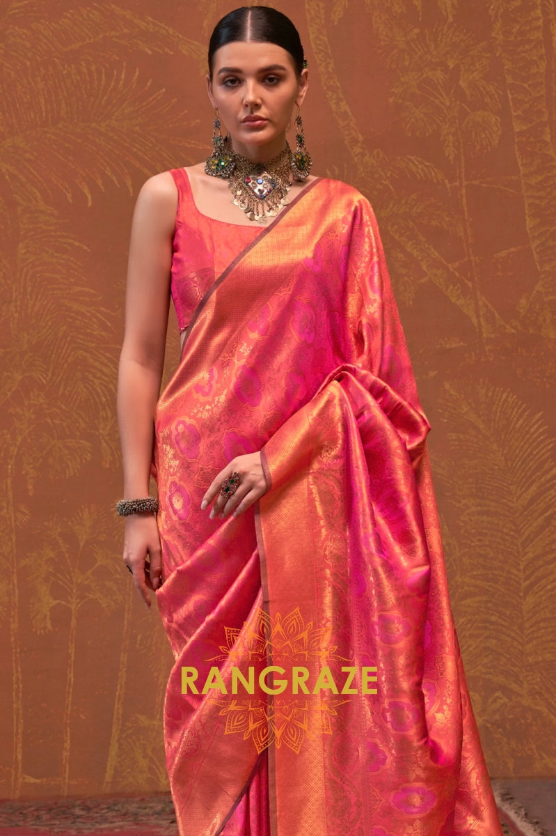 Blush Pink and Coral Woven Kanjivaram Silk Saree