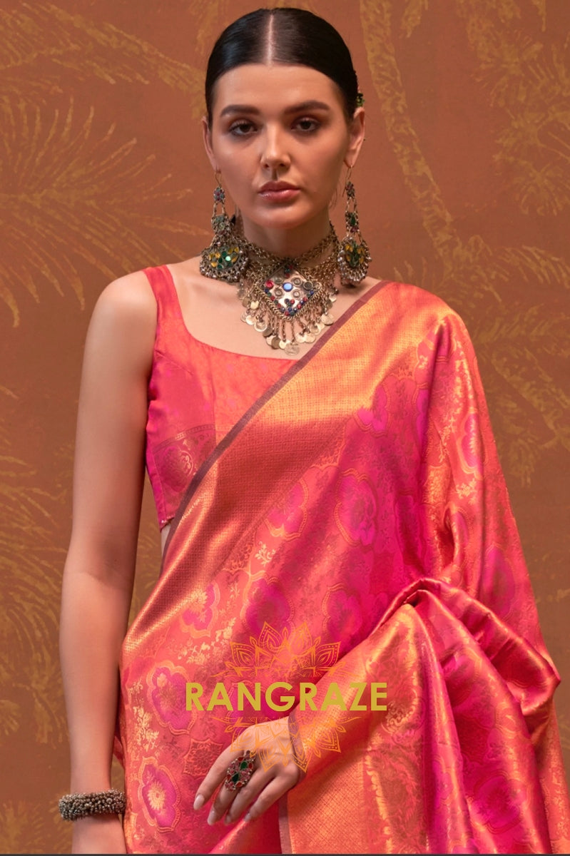 Blush Pink and Coral Woven Kanjivaram Silk Saree