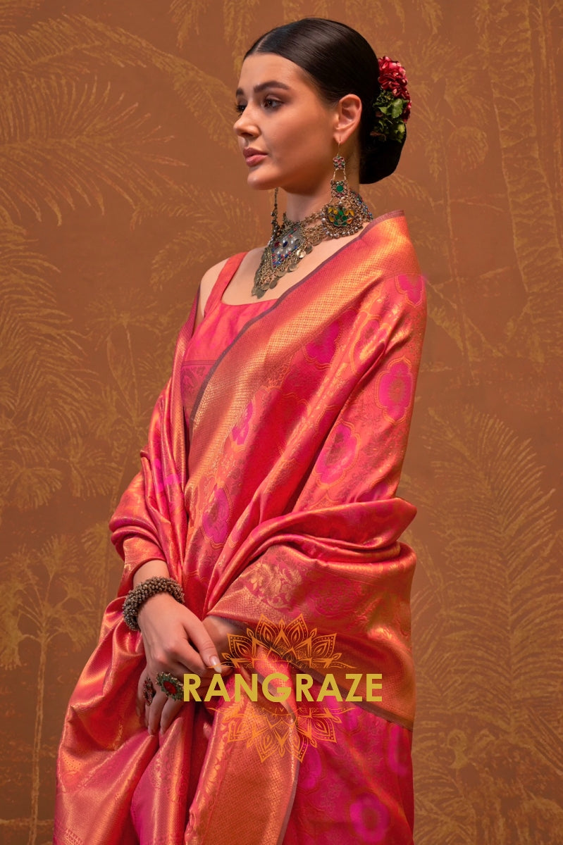 Blush Pink and Coral Woven Kanjivaram Silk Saree