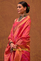 Blush Pink and Coral Woven Kanjivaram Silk Saree