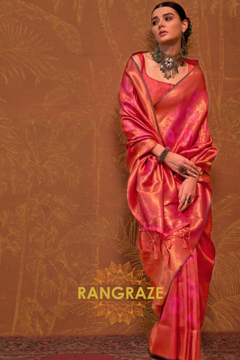 Blush Pink and Coral Woven Kanjivaram Silk Saree