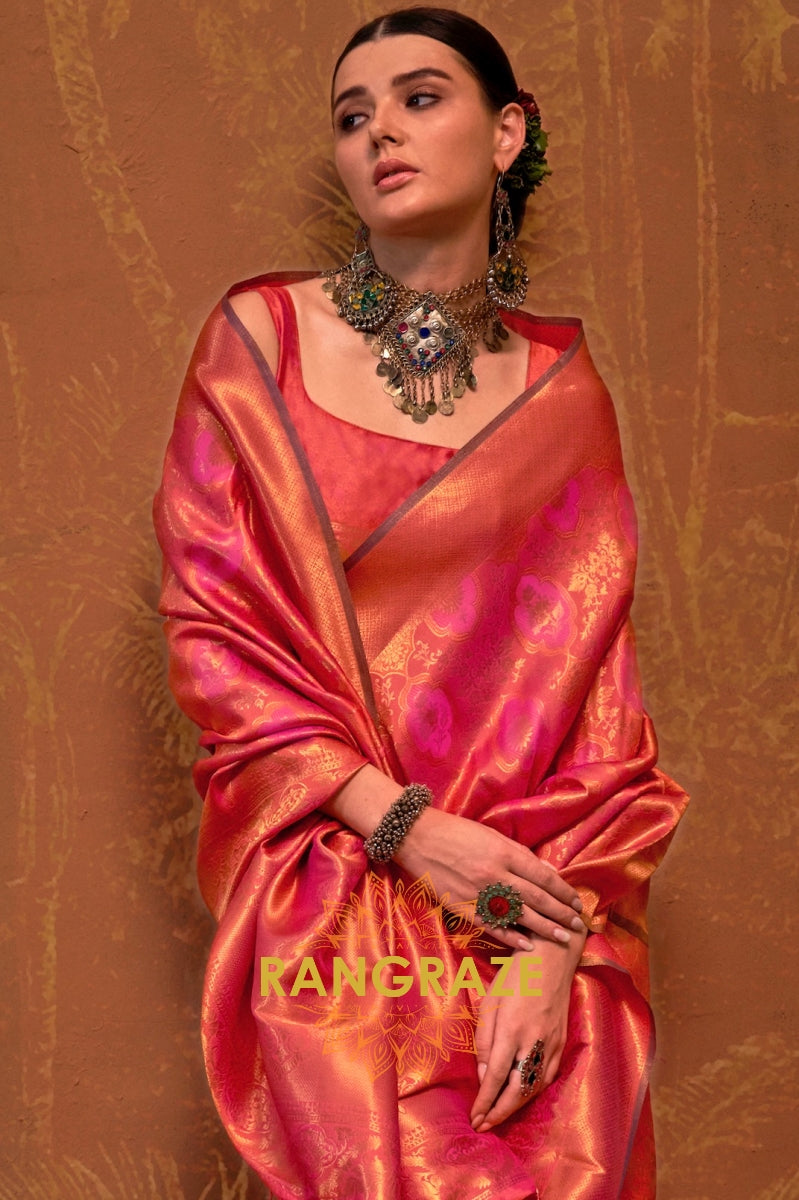 Blush Pink and Coral Woven Kanjivaram Silk Saree