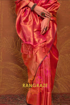 Blush Pink and Coral Woven Kanjivaram Silk Saree