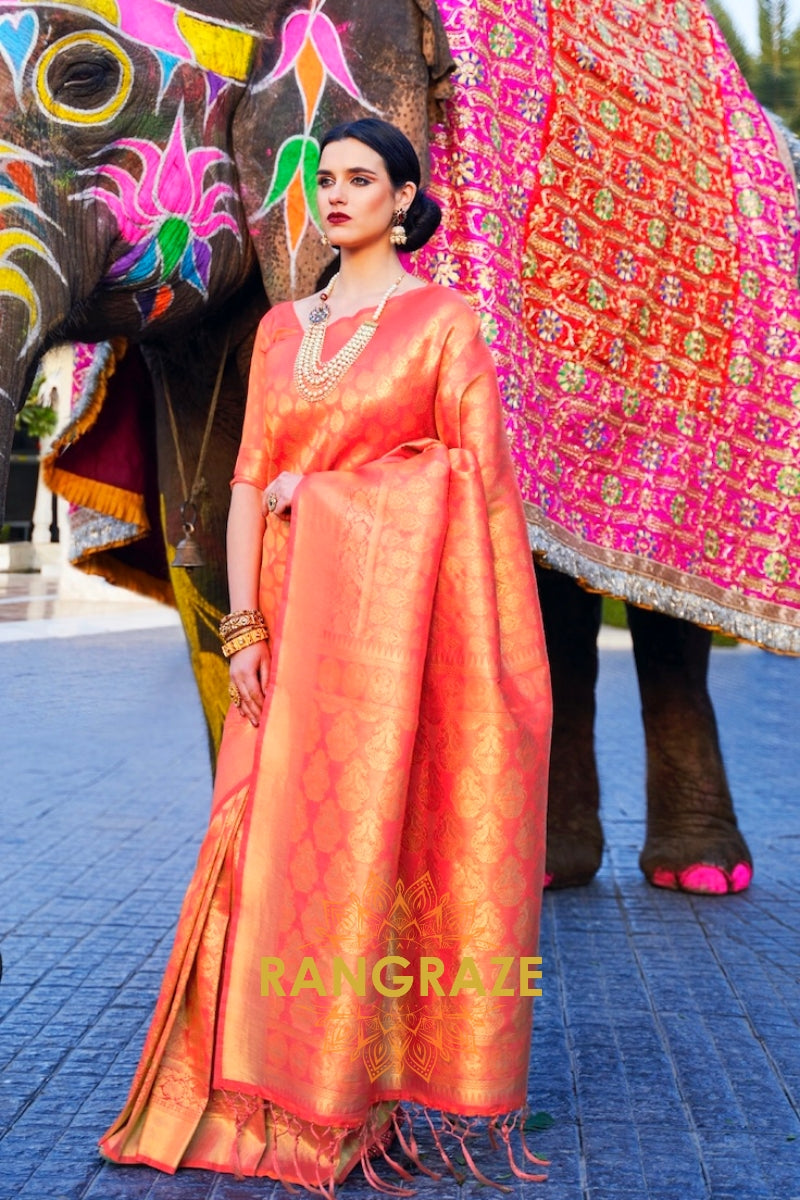 Golden Orange Woven Kanjivaram Silk Saree