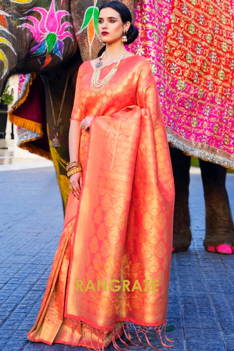 Golden Orange Woven Kanjivaram Silk Saree