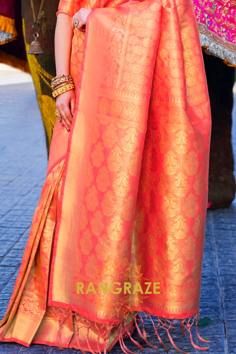 Golden Orange Woven Kanjivaram Silk Saree